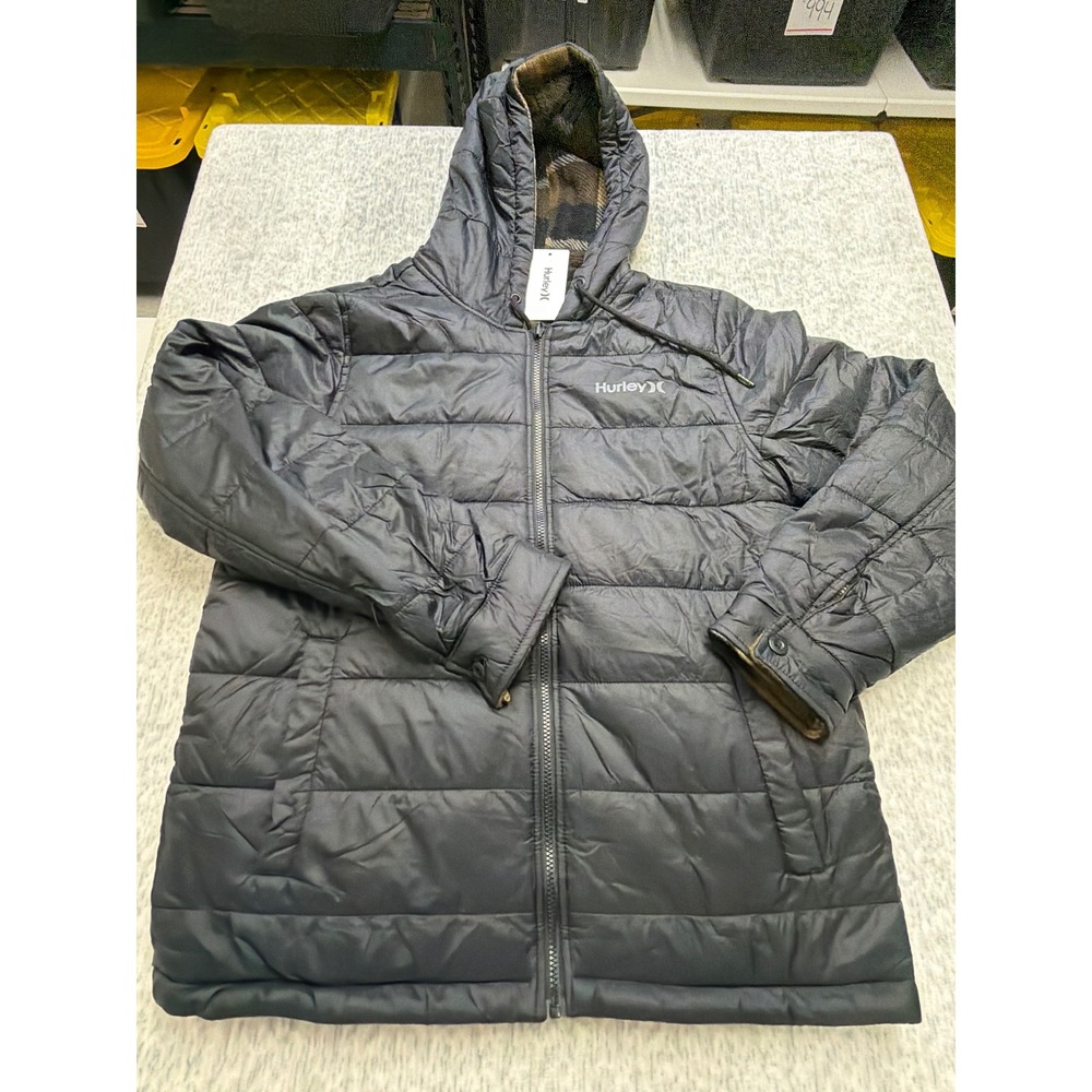 Hurley Kersta Puffer Jacket Mens M Medium Black Plaid reversible Hooded Coat NWT